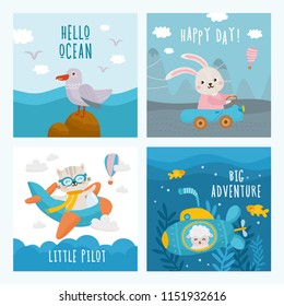 Set of beautiful childish card. For baby birthday, party, invitation. Baby Shower card. Cat flies by plane, sheep swims in the submarine, rabbit rides by car and sea landscape.