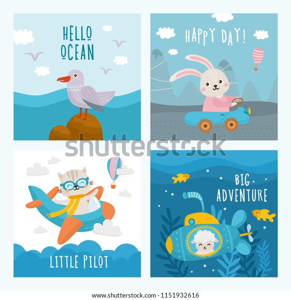 Set of beautiful\
childish card. For baby birthday, party, invitation. Baby Shower\
card. Cat flies by plane, sheep swims in the submarine, rabbit\
rides by car and sea\
landscape.