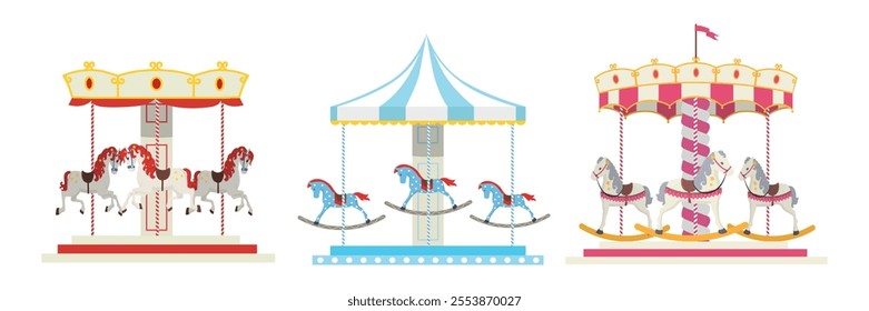 Set of beautiful children's carousels in cartoon style. Vector illustration of a cute carousel in an amusement park, horse rides, flag isolated on a white background. Red, blue and pink carousels.