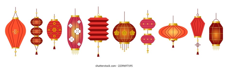 Set of beautiful Chinese lanterns on white background