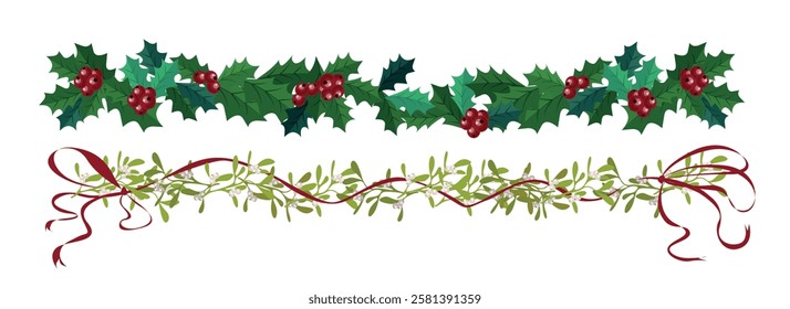 Set of beautiful Christmas decorations in cartoon style.Vector illustration of garland of holly with green leaves, red berries, mistletoe with bows and curved ribbons, isolated on white background.