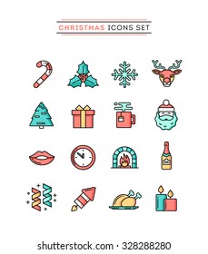 Set of beautiful Christmas icons, flat design thin line style, vector illustration