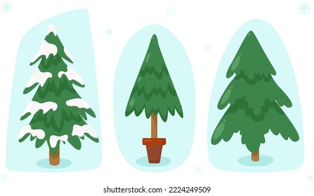 A set of beautiful Christmas trees in the snow, in a pot. Christmas winter illustration. Nature is in the details. Hand drawn vector.