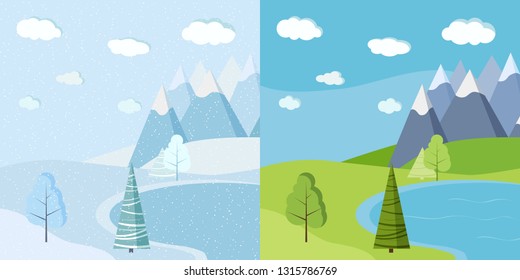 Set of beautiful Christmas winter and green summer or spring landscape background with mountains, snow, trees, spruces, frozen and blue lake in flat cartoon style. Vector lake landscape illustration.
