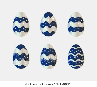 Set of beautiful chrome and deep blue Easter egg icons. Vector illustration