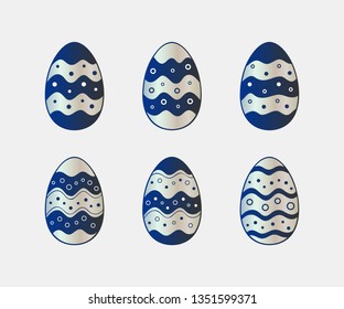 Set of beautiful chrome and deep blue Easter egg icons. Vector illustration