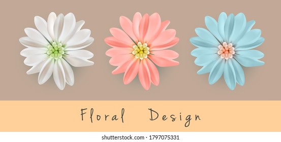 Set of beautiful chrysanthemum flowers. Vector floral illustration