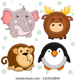 Set of beautiful circles icons from animals for design and kids, elephant, elk, monkey, chimpanzee, penguin.