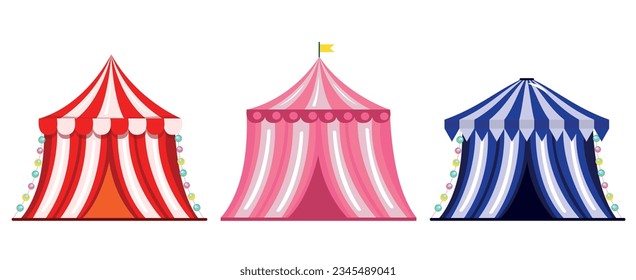 Conjunto de hermosas carpas de circo al estilo de las caricaturas. Ilustración vectorial de carpas de circo rayadas rojas y rosas brillantes decoradas con farolillos y banderas amarillas aisladas en fondo blanco.