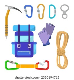 Set of beautiful climbing equipment in cartoon style. Vector illustration of various climbing equipment: briefcase, gloves, ropes, hammer, buckle isolated on white background.