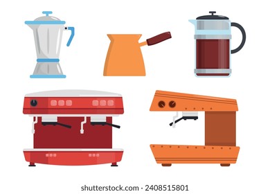 Set of beautiful coffee machines,devices in cartoon style. Vector illustration of colored different coffee makers, Turks, coffee makers making delicious coffee isolated on a white background.