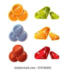 Set of beautiful Coins And Gems Vector Illustration. Glossy Elements for Mobile Game or App