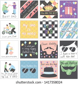 set with Beautiful collection with father and son, daughter, mustache, beard, air ballon, hat, sunglasses and flowers for father's day  design template