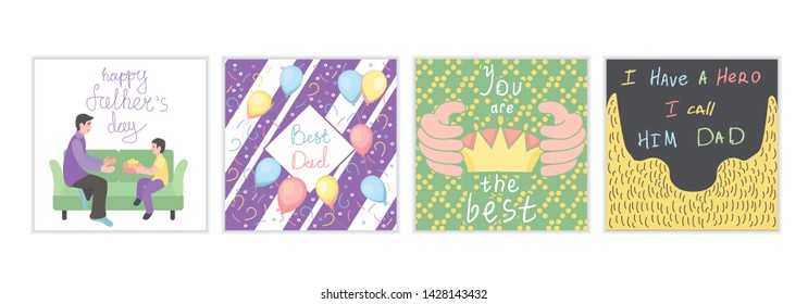 set with Beautiful collection with father and son,  beard, air ballon, crown, line for father's day  design template