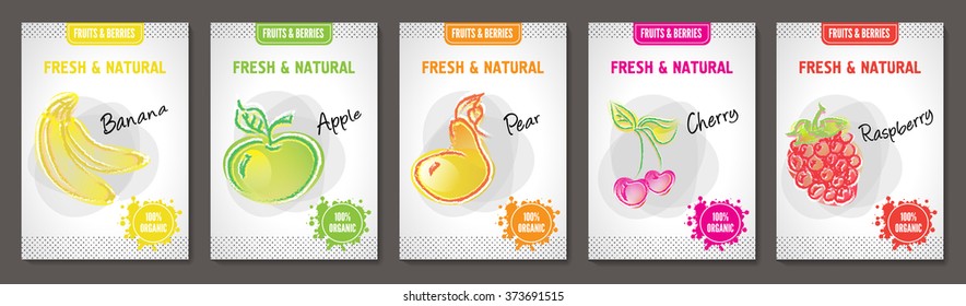 Set of beautiful coloful chalk style a4 flyer and poster with fruit and berries fresh and natural template