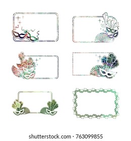 Set of beautiful color silhouette frames with carnival masks. Low poly textured. Copy space. Vector clip art.