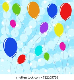 Set of beautiful colored balloons with ropes flying against the blue sky with stars