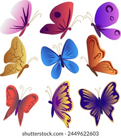 Set of beautiful colored butterflies of different shapes vector illustration. 