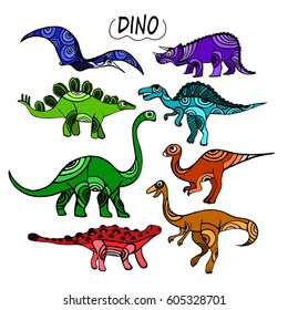 Set of beautiful colored dinosaurs drawn with ornament on a white background. Template for children