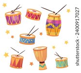Set of beautiful colored drums with drumsticks in cartoon style. Vector illustration of festival drums of different sizes, and yellow stars isolated on white background. Musical Instruments.