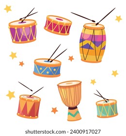 Set of beautiful colored drums with drumsticks in cartoon style. Vector illustration of festival drums of different sizes, and yellow stars isolated on white background. Musical Instruments.