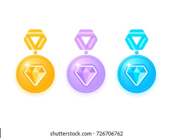 Set of beautiful colored medals with diamonds. Medal isolated on white. Collection of award medals with ribbons. Medal icon set. Vector illustration