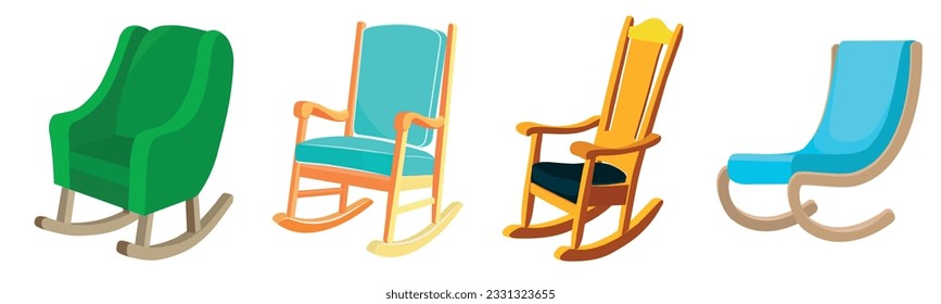 Set of beautiful colored rocking chairs in a cartoon style. Vector illustration of vintage rocking chairs of different shapes and designs with wooden armrests isolated on white background.