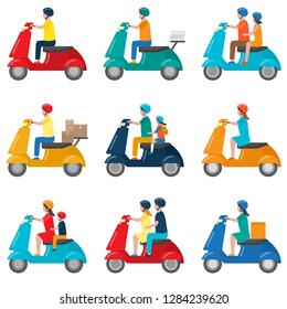 Set of beautiful colored two-wheeled scooters serving for movement and delivery.