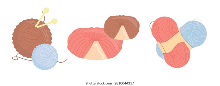 Set of beautiful colored yarn, knitting needles in cartoon style. Vector illustration of brown, red, blue balls of thread, skeins of yarn for needlework, knitting isolated on white background.