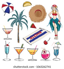 Set of Beautiful  colorful beach vibes  on white background. Summer drink  cocktail in vacation mood vector hand drawn style on white.