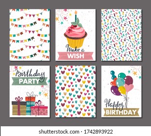 Set of beautiful colorful birthday invitation or greeting cards with balloons, cupcake, gift boxes, confetti and hand drawn texture.