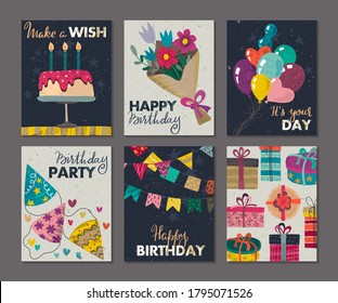 Set of beautiful colorful birthday invitation or greeting cards with balloons, cake, gift boxes, flowers, confetti and hand drawn texture.