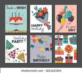 Set of beautiful colorful birthday invitation or greeting cards with balloons, cake, gift boxes, flowers, confetti and hand drawn texture.