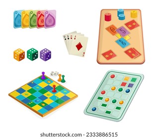 Set of beautiful colorful board games in a cartoon style. Vector illustration of interesting various board games with pawns, checkers, cards, dice casino isolated on white background.