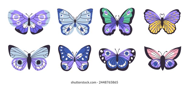 Set of beautiful colorful butterflies, vector illustration isolated on white background