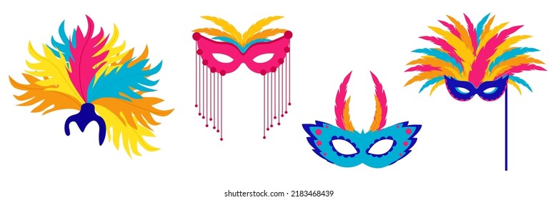 Set of beautiful colorful carnival masks in cartoon style. Vector illustration of face masks for parties and holidays on white background.