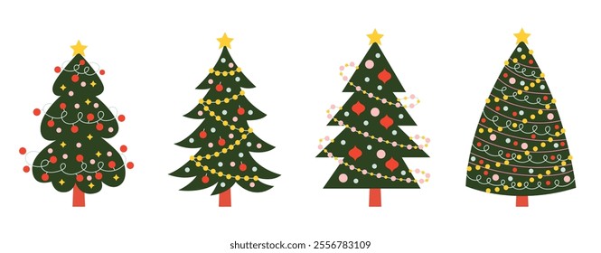 Set of beautiful colorful Christmas trees with garlands and a star. Vector illustration, simple flat concept design for holiday banner, poster, greeting card 