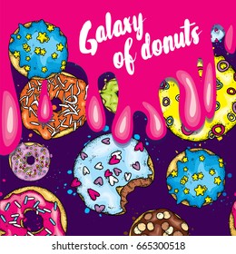 A set of beautiful colorful donuts. Vector illustration for postcard or poster, print on clothes. Food and desserts. Galaxy of donuts.