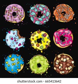 A set of beautiful colorful donuts. Vector illustration for postcard or poster, print on clothes. Food and desserts.