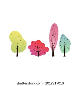 Set of beautiful colorful doodle trees. Gradient illustration of a park or forest for the design of greeting postcards, invitations, motivational cards, calendars. Autumn trees in baby hand draw style