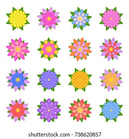 A set of beautiful colorful flowers. Isolated on white background. Sixteen variants. Suitable for design.