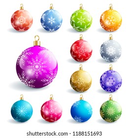 Set of beautiful colorful glowing glass New Year and Christmas balls, isolated on white background. Festive decoration, element of design. Vector illustration
