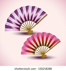 Set of beautiful colorful Japanese folding fans isolated, oriental decoration. Vector illustration