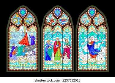 Set of beautiful colorful medieval stained glass windows. Gothic architectural style. Illustrations of Holy Apostles. Architecture in France churches. Middle ages in Western Europe. Vector drawing.