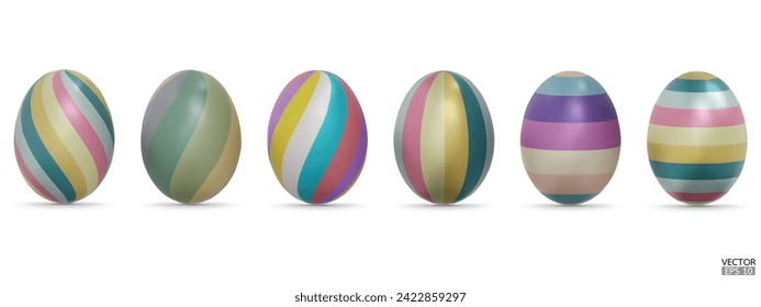 Set of Beautiful colorful patterned Easter eggs collection on white background. 3D Vector isolated illustration. For web, banners, greeting cards, posters, wrapping