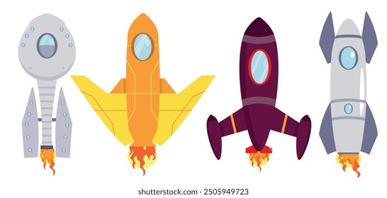 Set of beautiful colorful rockets flying into space in cartoon style. Vector illustration of rockets of different shapes with portholes, fins, fire in the tail isolated on a white background.