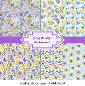 set of beautiful and colorful seamless backgrounds with birds and flowers.