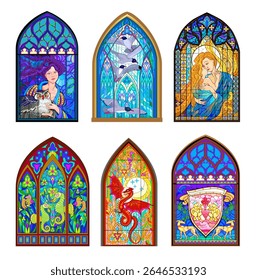 Set of beautiful colorful stained glass windows. Gothic architectural style with pointed arch. Architecture in France churches. Modern print. Middle ages in Western Europe. Vector illustration.