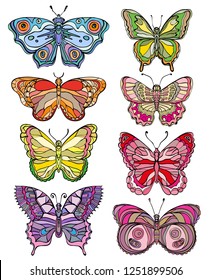 Set of beautiful and colorful various forms butterflies. Ornate vector illustration.
