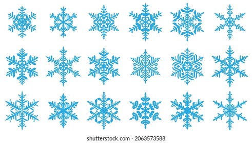 Set of beautiful complex Christmas snowflakes, light blue on white background